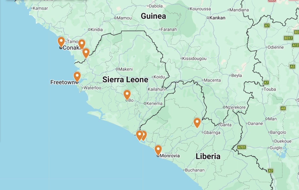 Guinea, Sierra Leone & Liberia tour route map