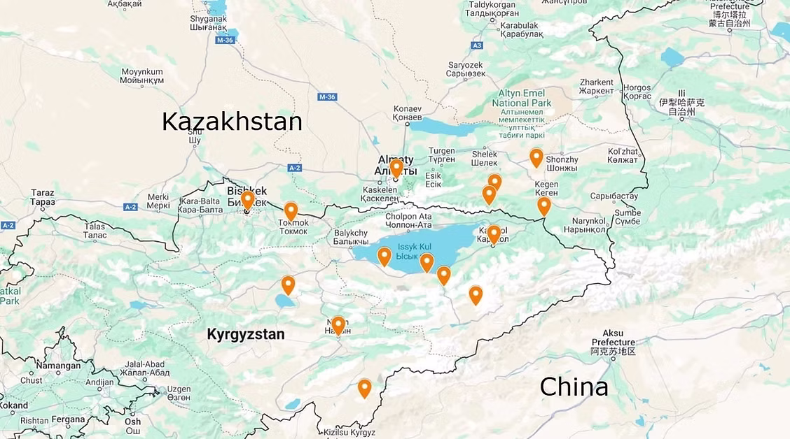 Kazakhstan & Kyrgyzstan tour route map