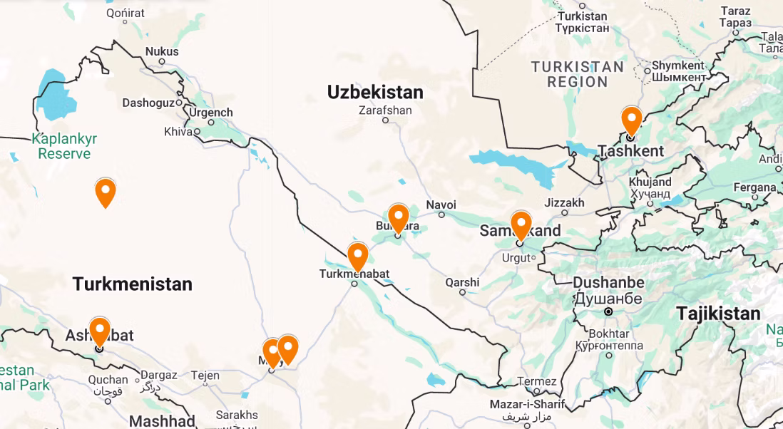 Turkmenistan & Uzbekistan tour route map